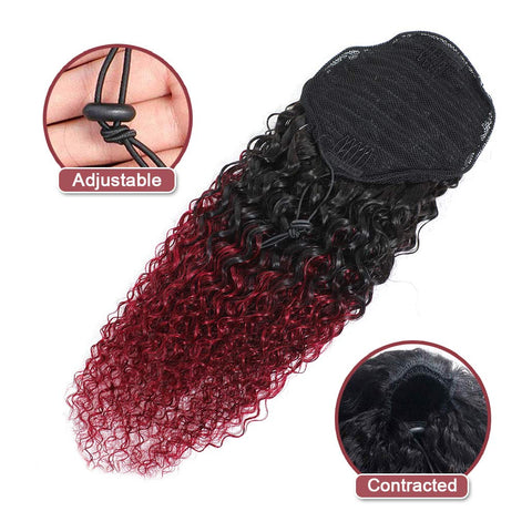 100% Brazilian Human Hair Drawstring Ponytail, 1b/Wine Red Kinky Curly